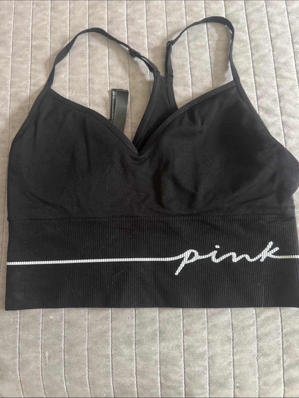PINK Victoria's Secret Black Seamless Longline Sports Bra with White Logo